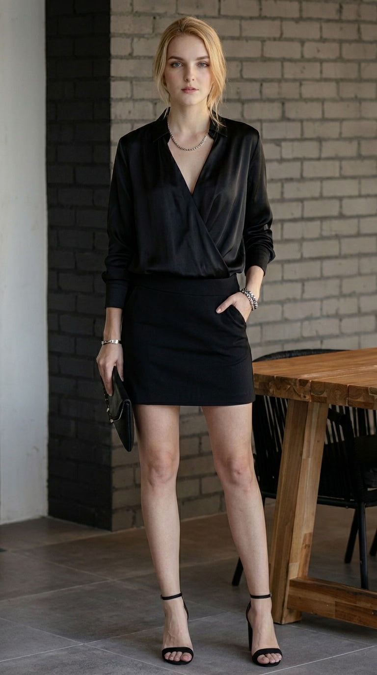 LORVENE minimal satin shirt in soft fabric, shown in a close-up of the top left corner with sleek, smooth texture.