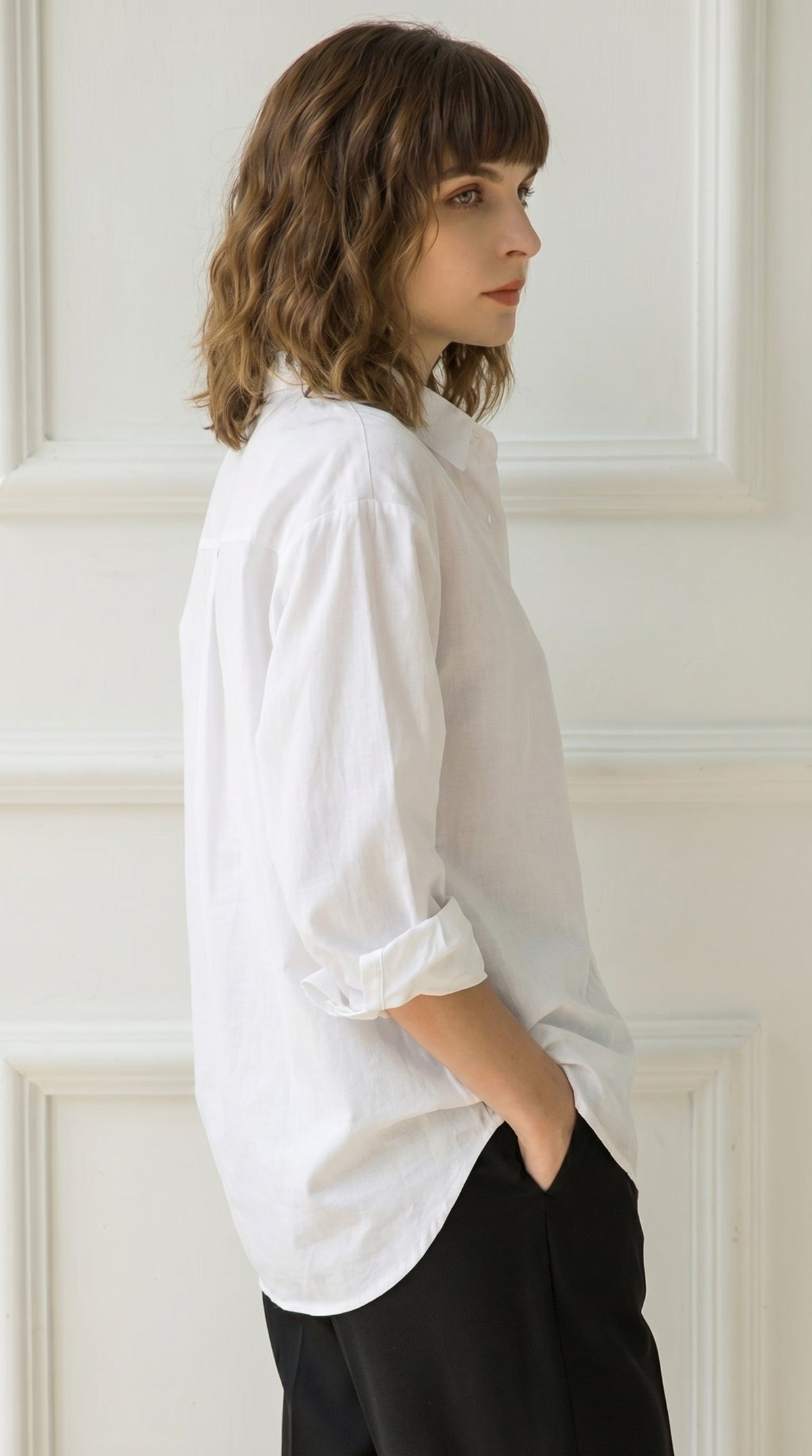 LORVENE pocket white shirt displayed, featuring a classic design with a chest pocket, perfect for casual or professional wear.