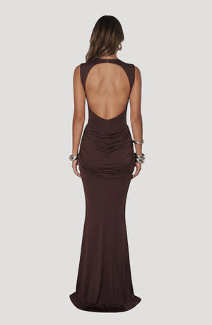 LORVENES Celeste Draped Maxi Gown in flowing fabric with elegant draping and a floor-length silhouette.