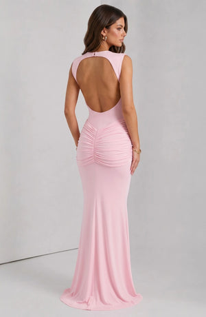 LORVENES Celeste Draped Maxi Gown in flowing fabric with elegant draping and a floor-length design, perfect for formal occasions.