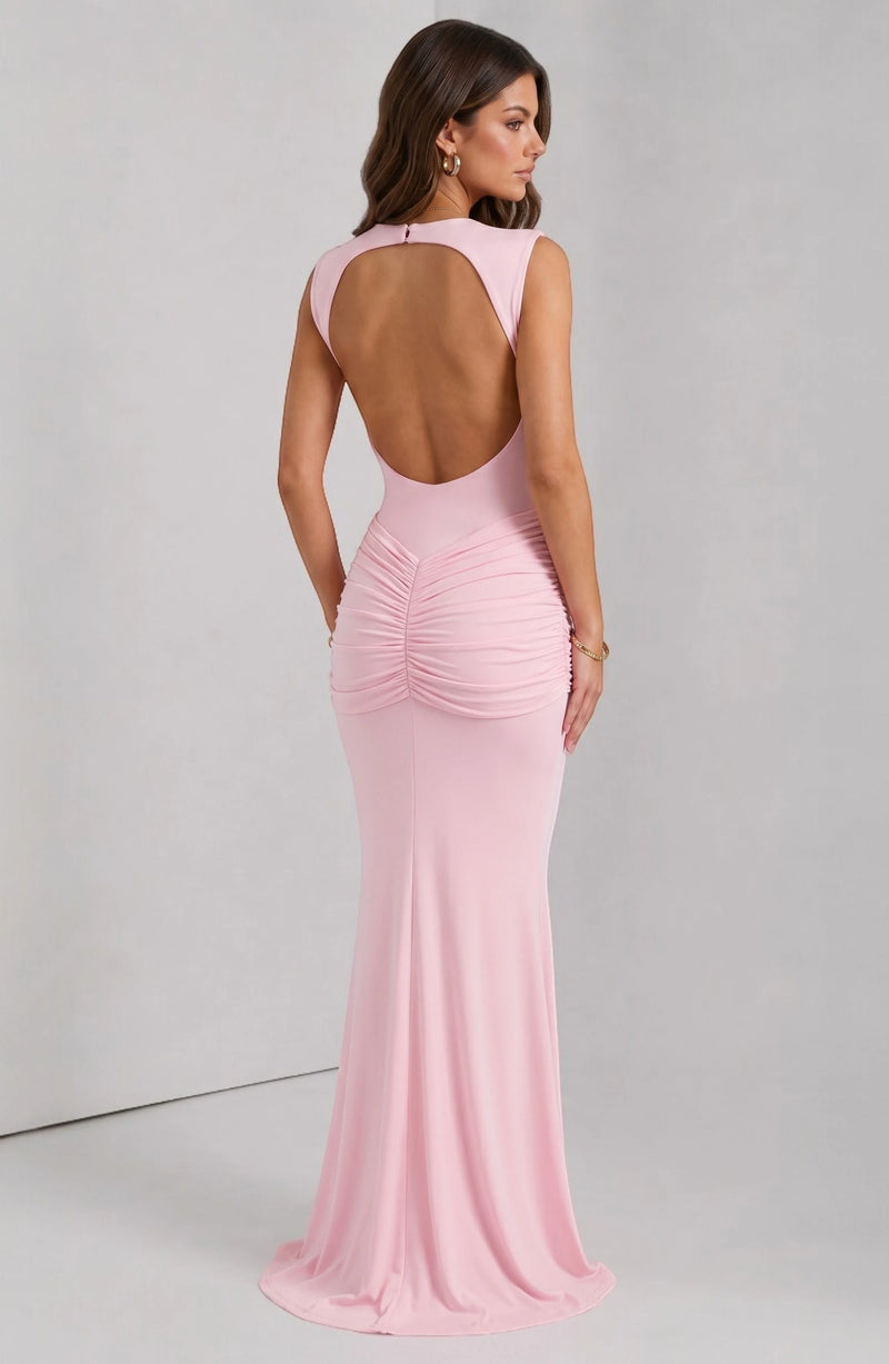 LORVENES Celeste Draped Maxi Gown in flowing fabric with elegant draping and a floor-length design, perfect for formal occasions.