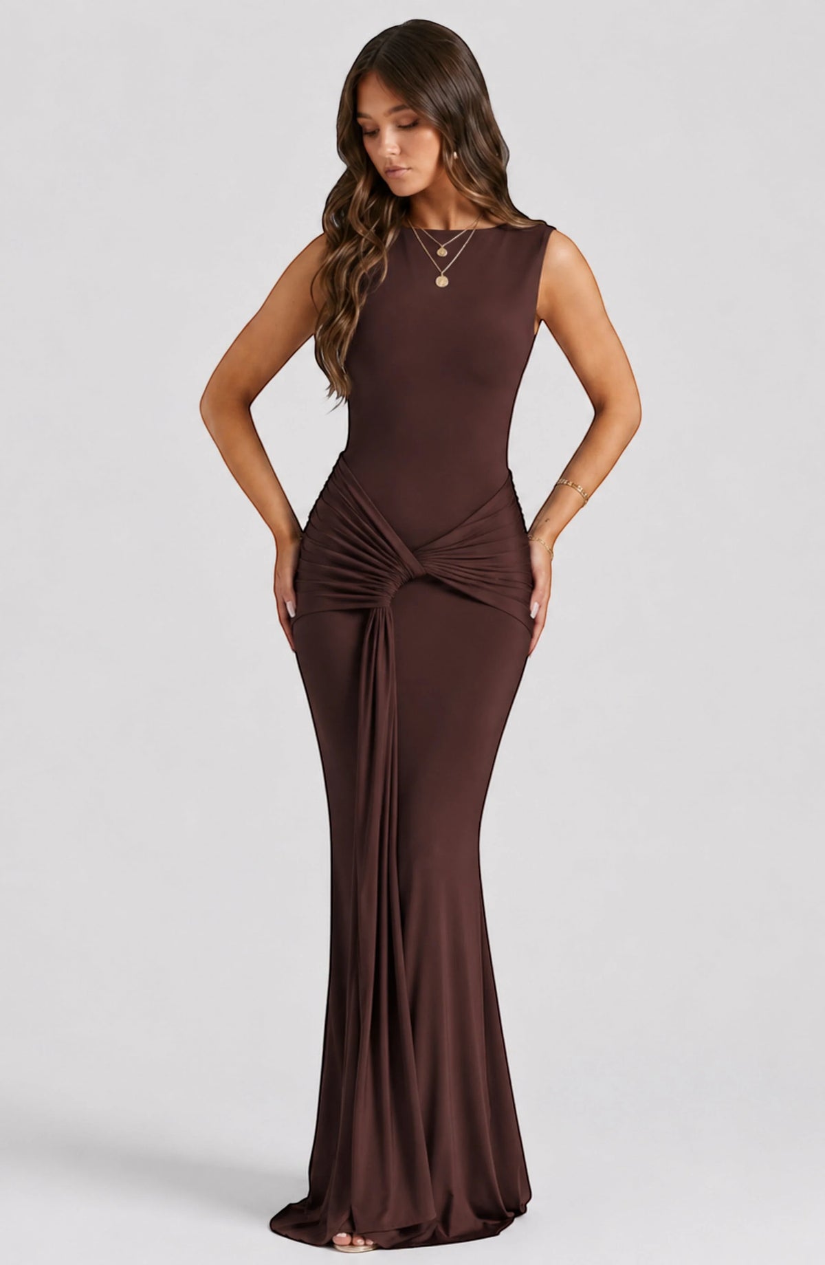 LORVENES Celeste Draped Maxi Gown in elegant fabric with flowing drapes and a floor-length silhouette.
