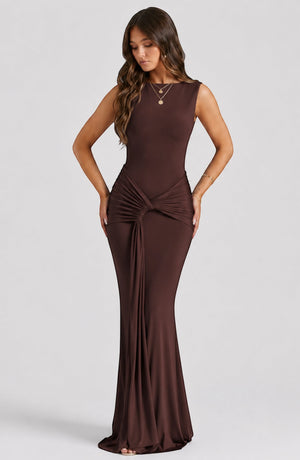 LORVENES Celeste Draped Maxi Gown in elegant fabric with flowing drapes and a floor-length silhouette.