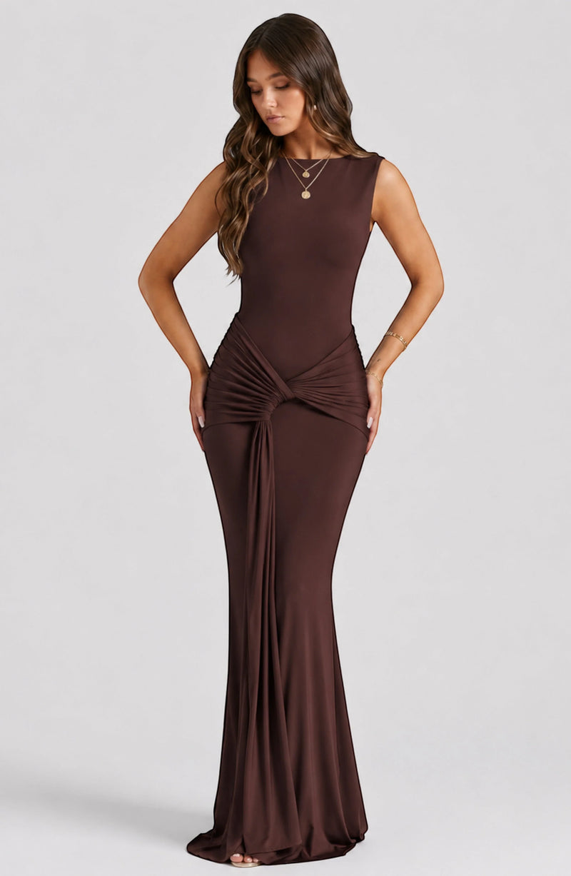 LORVENES Celeste Draped Maxi Gown in elegant fabric with flowing drapes and a floor-length silhouette.
