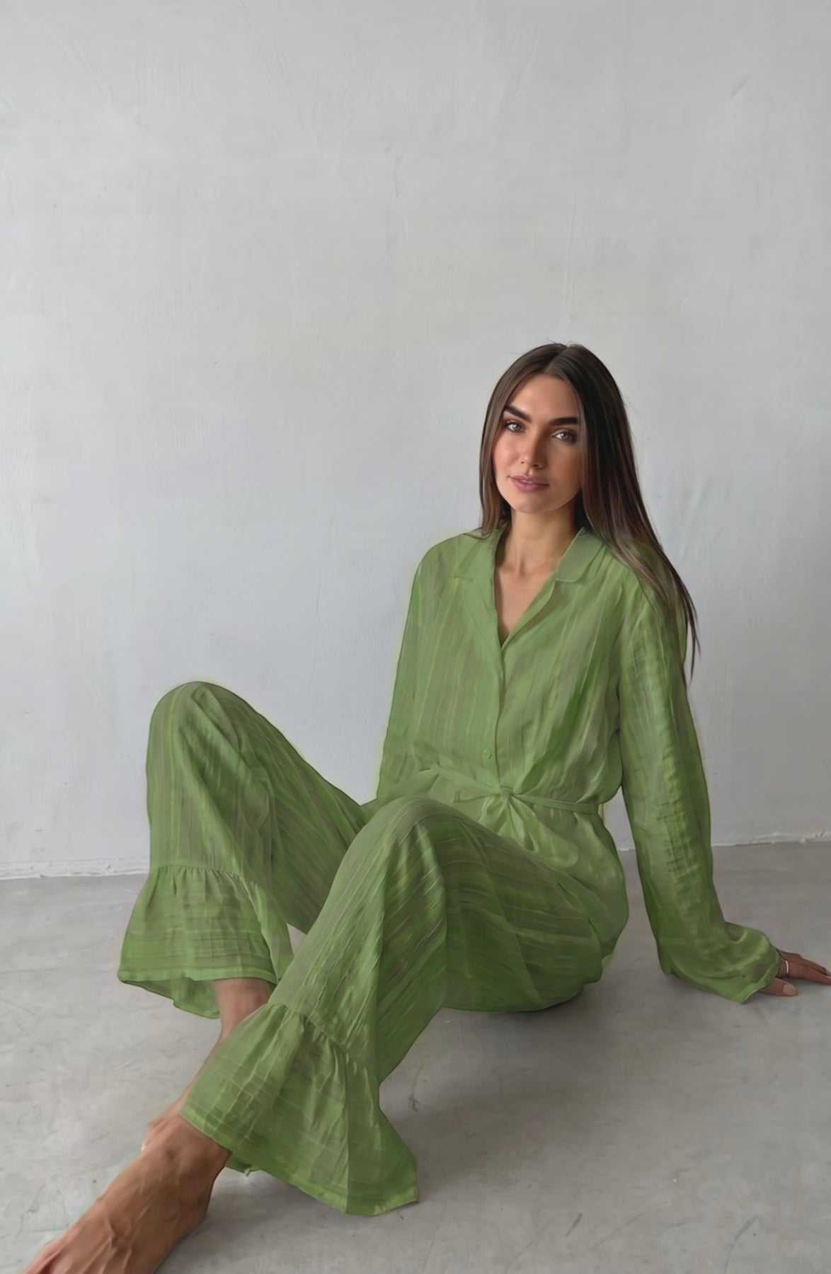 Russian New Style Ruffled Tie-Waist Two-Piece Set, Cotton Lapel Long-Sleeved Casual Lace Suit for Women
