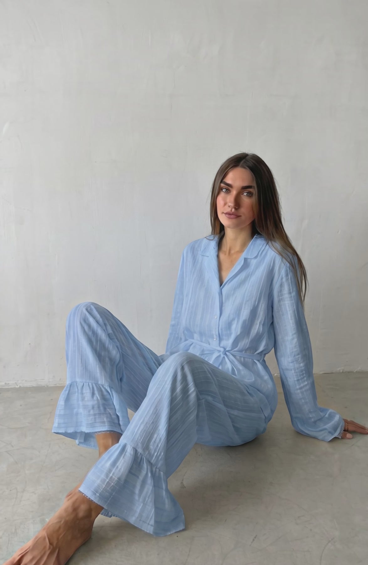 Russian New Style Ruffled Tie-Waist Two-Piece Set, Cotton Lapel Long-Sleeved Casual Lace Suit for Women