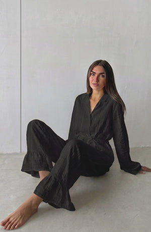Russian New Style Ruffled Tie-Waist Two-Piece Set, Cotton Lapel Long-Sleeved Casual Lace Suit for Women