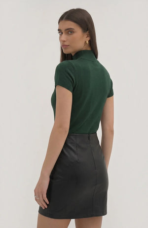 LORVENE pure poly blend high neck sweater, shown in beige with ribbed cuffs and collar, close-up of fabric texture.