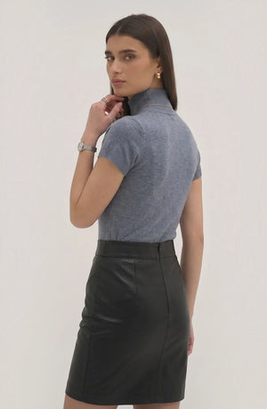 LORVENE Pure Poly Blend High Neck top, shown in a close-up image highlighting the fabric texture and high neckline design.