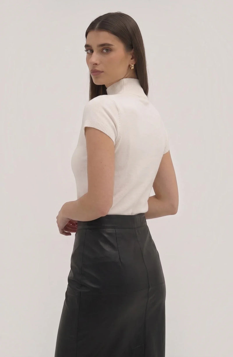LORVENE pure poly blend high neck top, lightweight fabric with a close-fitting high neckline, shown in the bottom right corner of the image.