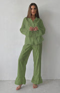 Russian New Style Ruffled Tie-Waist Two-Piece Set, Cotton Lapel Long-Sleeved Casual Lace Suit for Women
