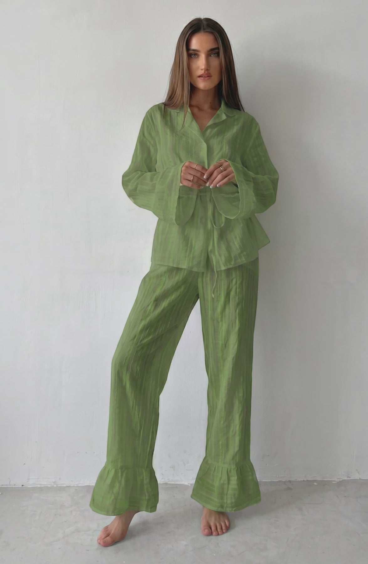 Russian New Style Ruffled Tie-Waist Two-Piece Set, Cotton Lapel Long-Sleeved Casual Lace Suit for Women