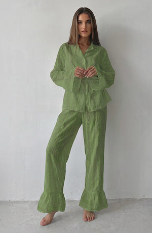 Russian New Style Ruffled Tie-Waist Two-Piece Set, Cotton Lapel Long-Sleeved Casual Lace Suit for Women