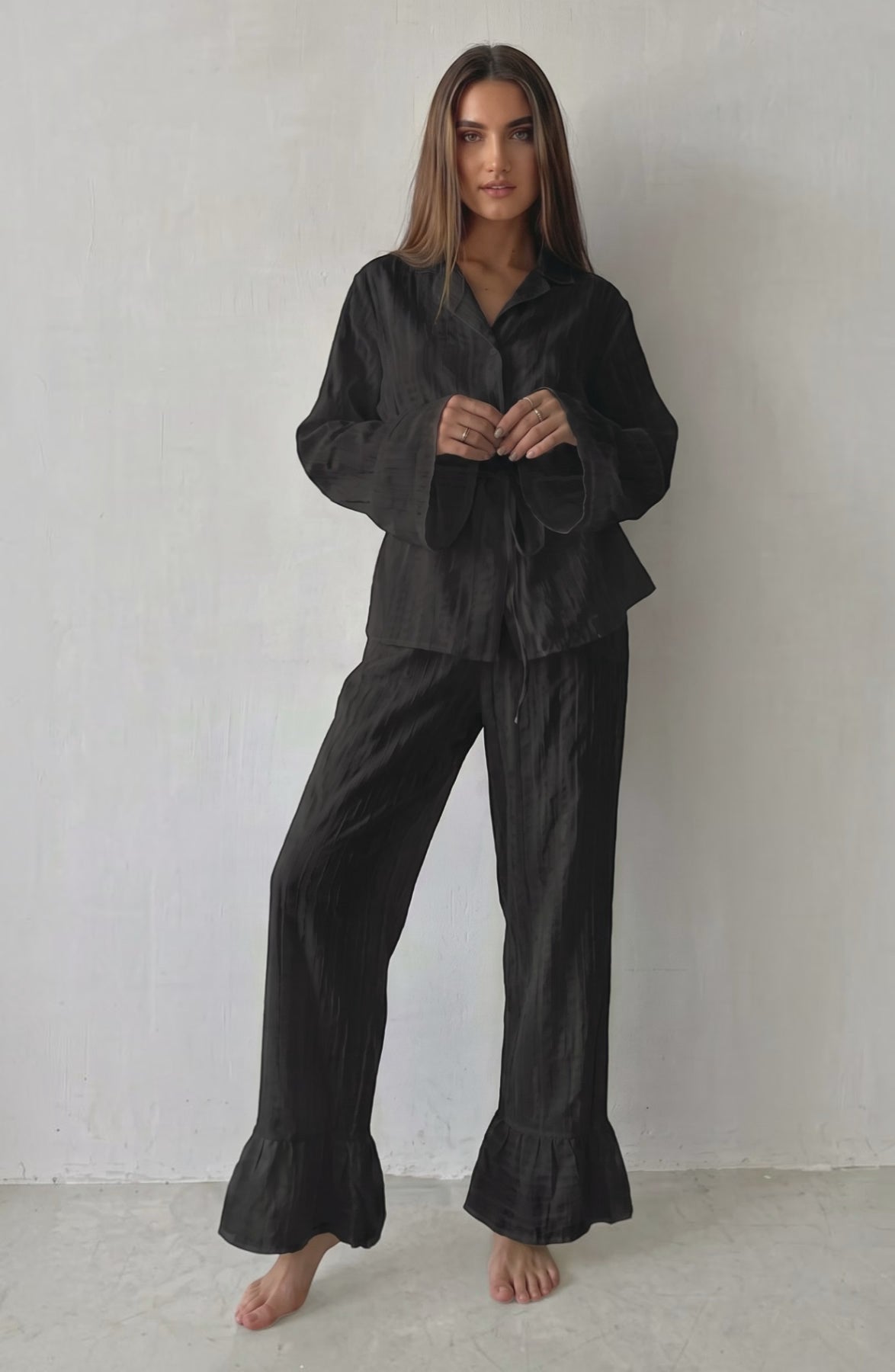 Russian New Style Ruffled Tie-Waist Two-Piece Set, Cotton Lapel Long-Sleeved Casual Lace Suit for Women