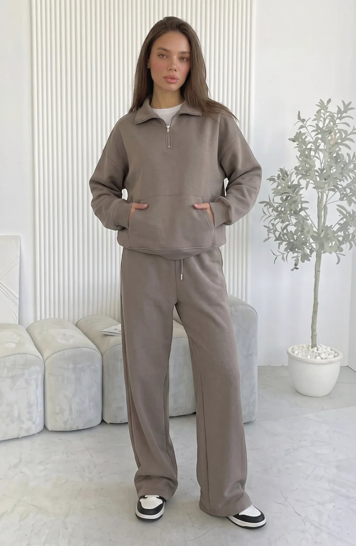 LORVENES cotton knit lounge set featuring a cozy long-sleeve top and matching pants in soft, breathable fabric.