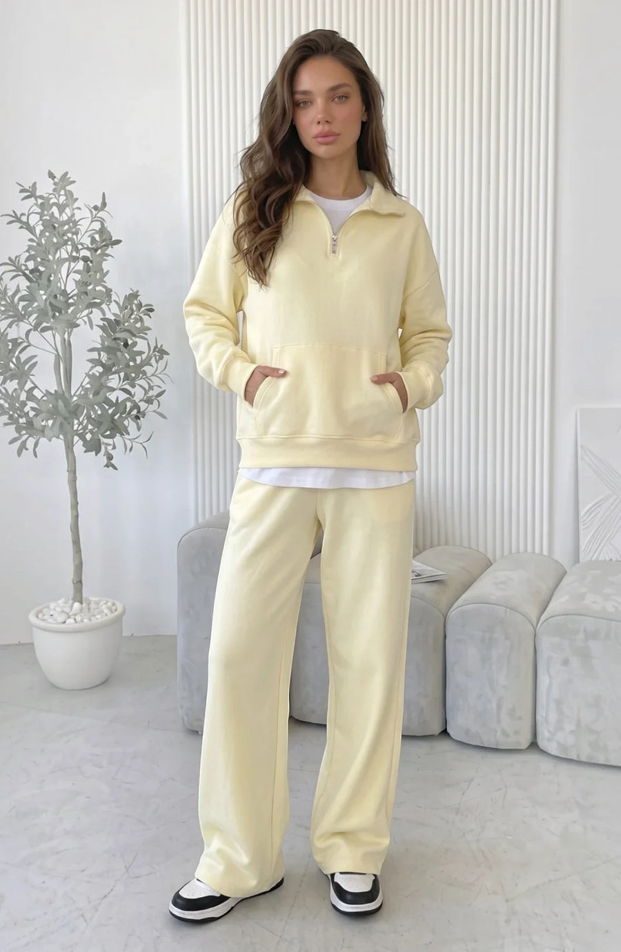 LORVENES cotton knit lounge set with long sleeve top and matching relaxed pants, soft and comfortable for casual wear.