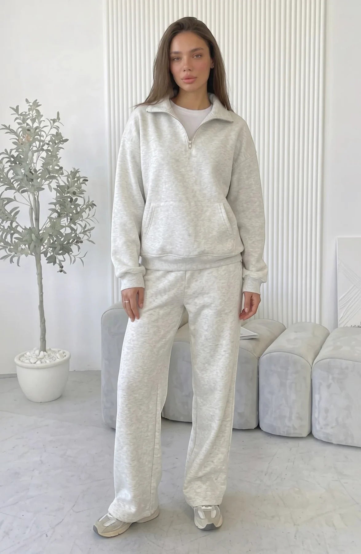 LORVENES cotton knit lounge set with long sleeves and matching pants, soft and comfortable for relaxed casual wear