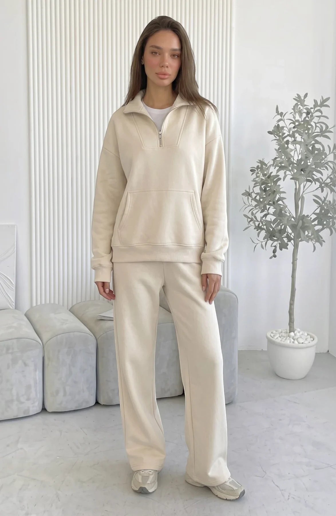 LORVENES cotton knit lounge set featuring a cozy long-sleeve top and matching relaxed pants in soft, breathable fabric.