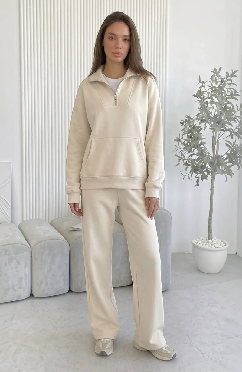 LORVENES cotton knit lounge set featuring a cozy long-sleeve top and matching relaxed pants in soft, breathable fabric.