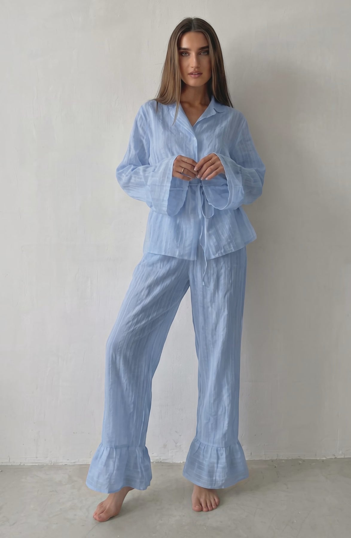 Russian New Style Ruffled Tie-Waist Two-Piece Set, Cotton Lapel Long-Sleeved Casual Lace Suit for Women