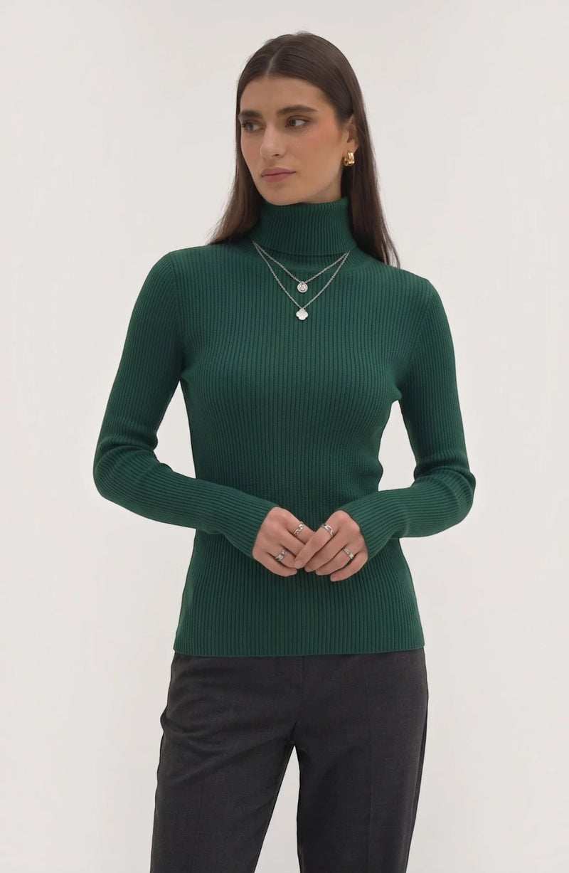 LORVENE pure soft polyester high neck top in a neutral color, featuring a sleek high neckline and smooth fabric.