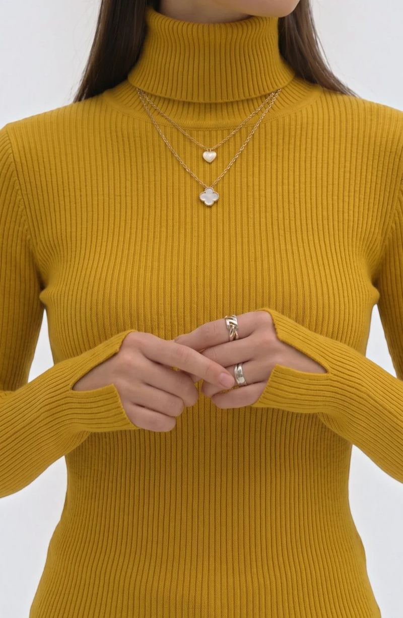 LORVENE pure soft polyester high neck top in black, featuring a smooth fabric and a snug fit, displayed on a hanger.