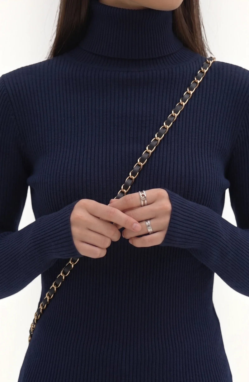 LORVENE Pure Soft Polyester High Neck top in neutral color, featuring a close-up of the high neckline and smooth fabric.