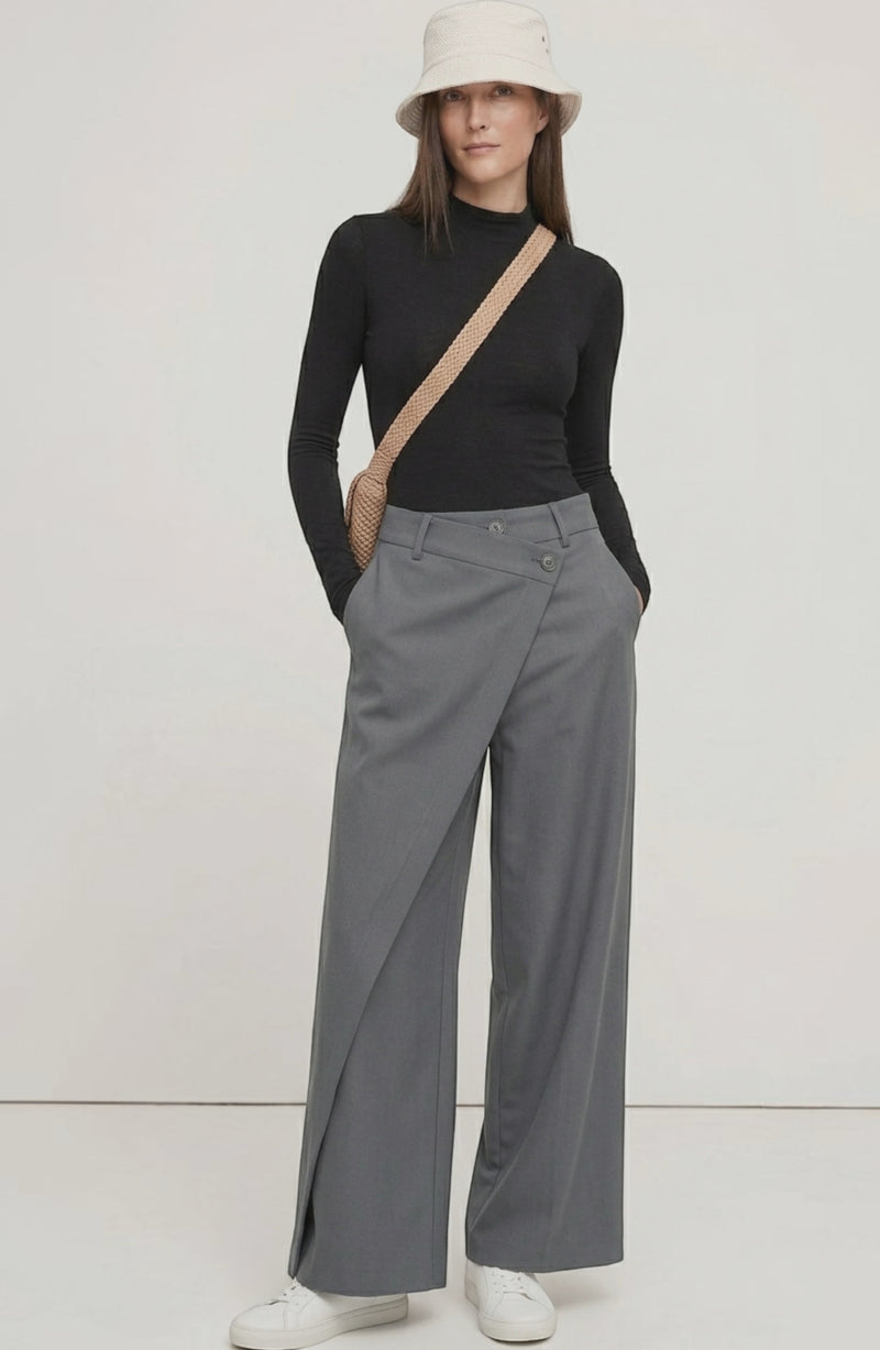 LORVENE Curve Form Pants displayed from a top-left angle, showcasing the fit and fabric texture of the stylish pants.