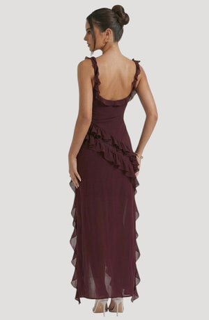 LORVENE Midnight Petal Maxi dress with floral print, flowing fabric, and elegant design, shown from the top right angle.