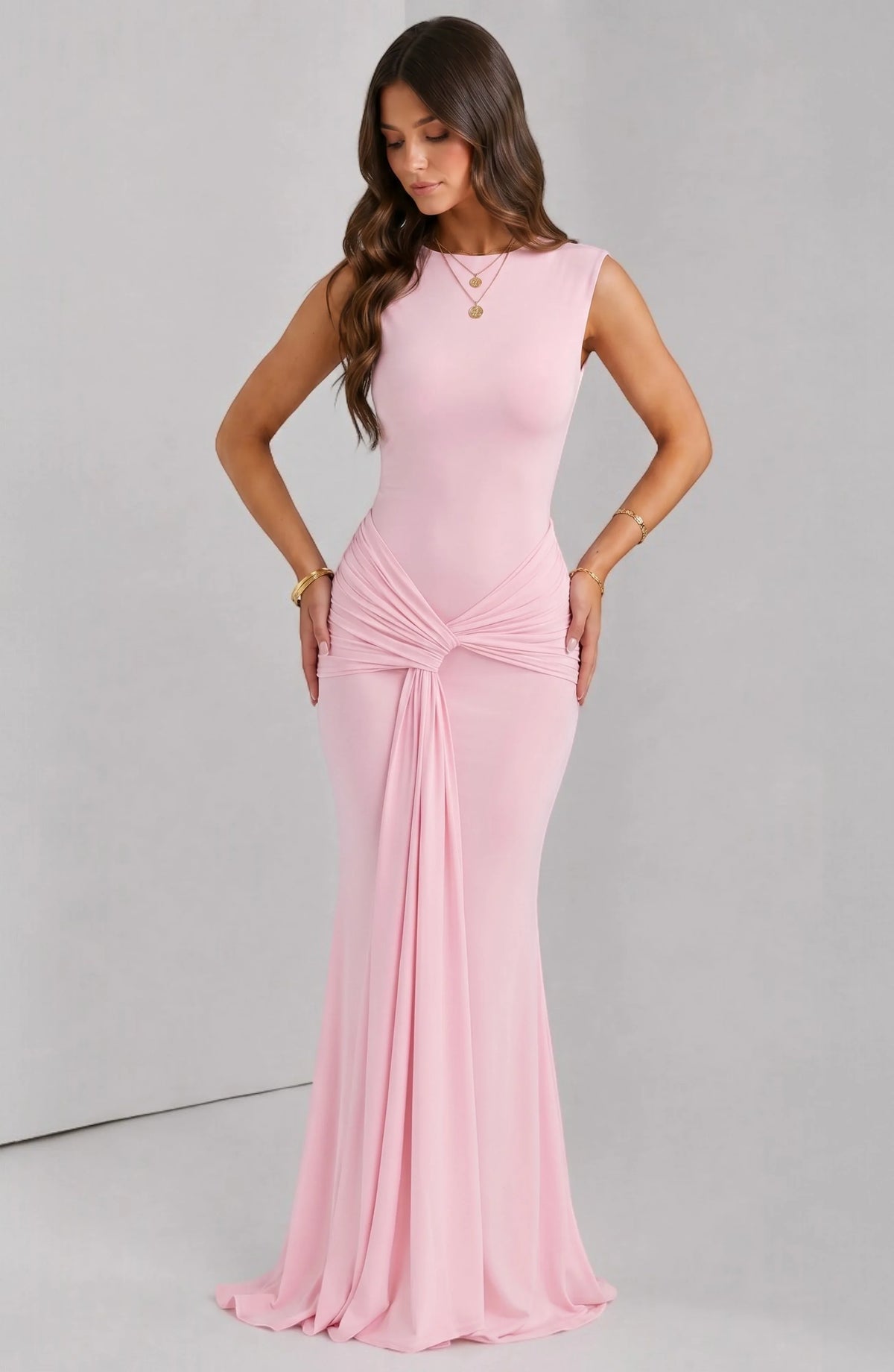 LORVENES Celeste Draped Maxi Gown in flowing fabric with elegant drape and floor-length design for formal occasions