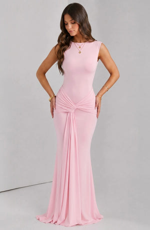 LORVENES Celeste Draped Maxi Gown in flowing fabric with elegant drape and floor-length design for formal occasions