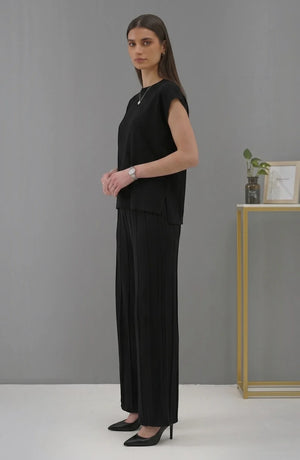 Korean chic temperament simple round neck loose bat sleeves sweater + high waist pleated casual wide leg pants suit