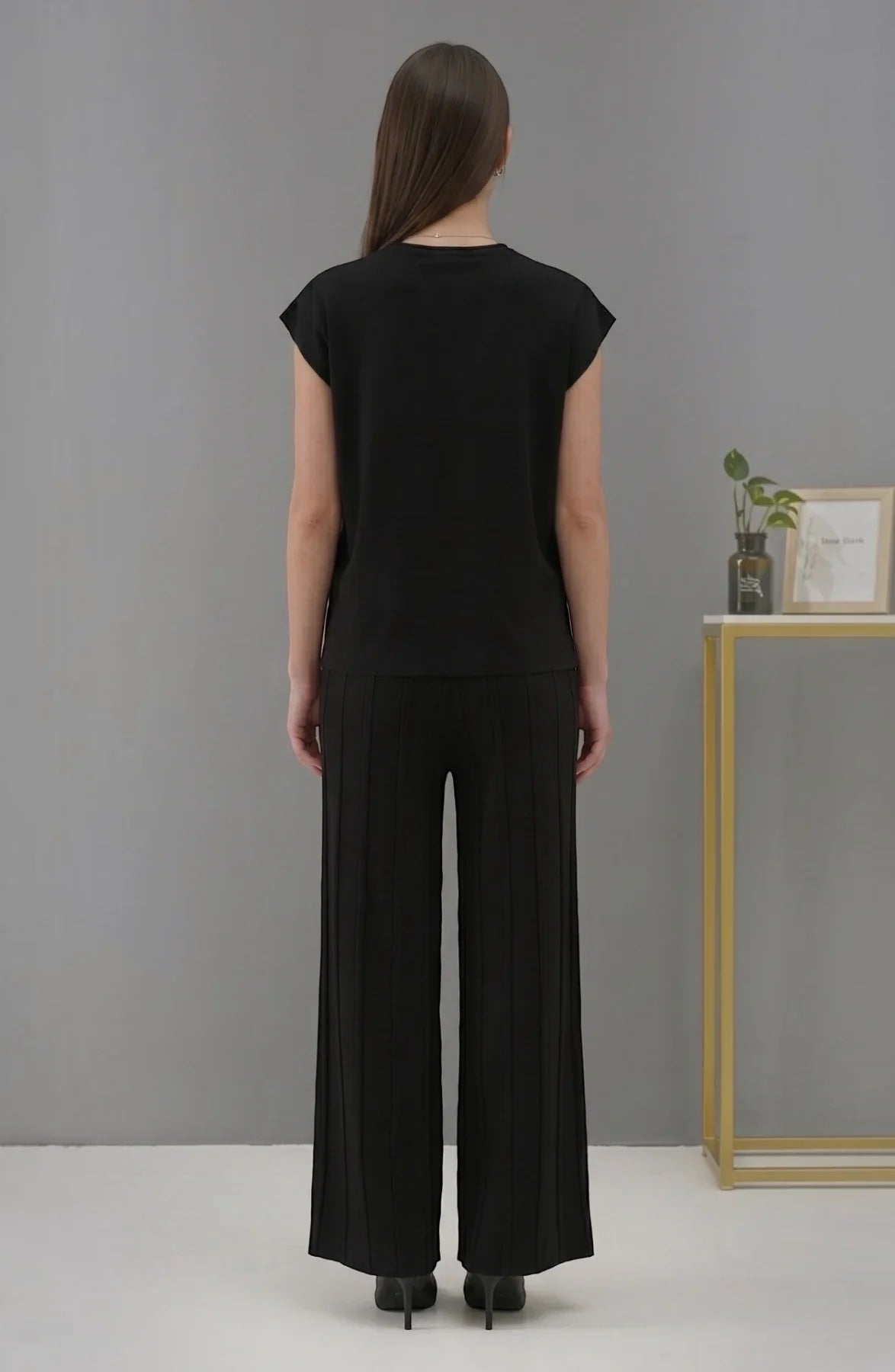 Korean chic temperament simple round neck loose bat sleeves sweater + high waist pleated casual wide leg pants suit