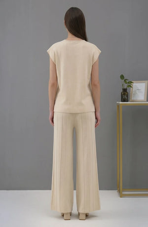 Korean chic temperament simple round neck loose bat sleeves sweater + high waist pleated casual wide leg pants suit