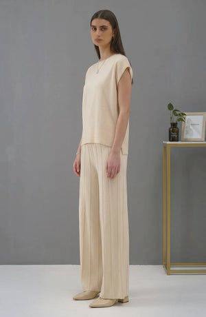Korean chic temperament simple round neck loose bat sleeves sweater + high waist pleated casual wide leg pants suit