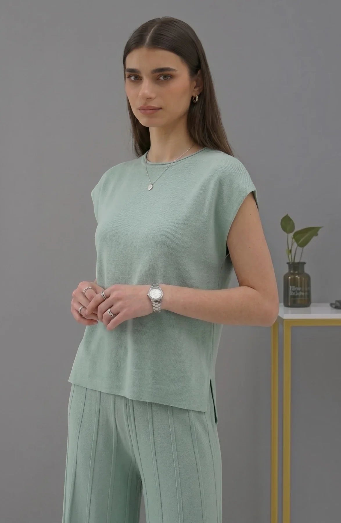 Korean chic temperament simple round neck loose bat sleeves sweater + high waist pleated casual wide leg pants suit