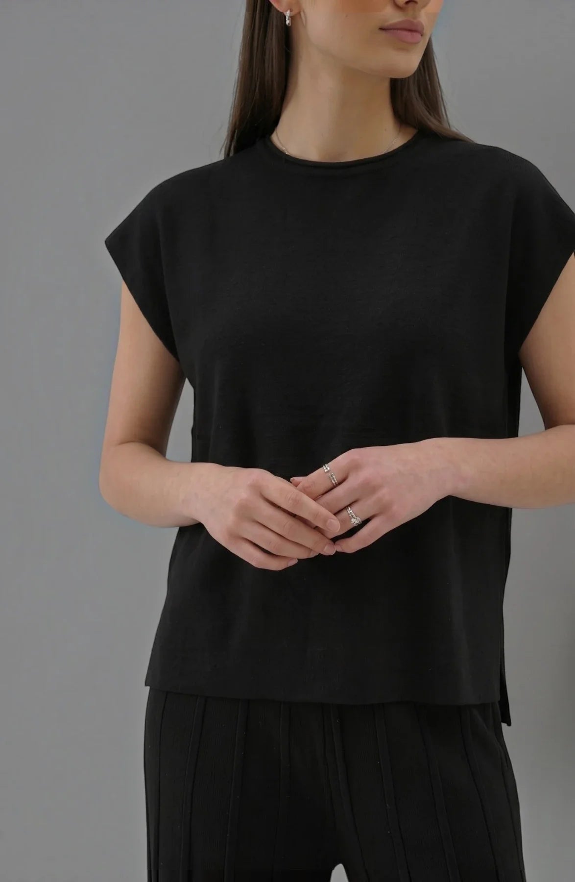 Korean chic temperament simple round neck loose bat sleeves sweater + high waist pleated casual wide leg pants suit