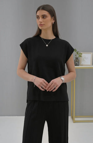Korean chic temperament simple round neck loose bat sleeves sweater + high waist pleated casual wide leg pants suit
