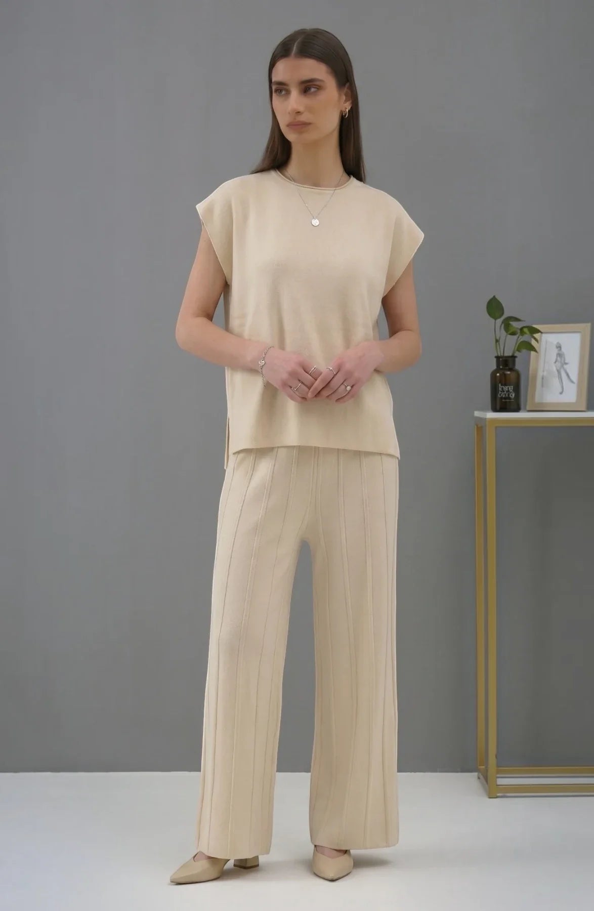 Korean chic temperament simple round neck loose bat sleeves sweater + high waist pleated casual wide leg pants suit
