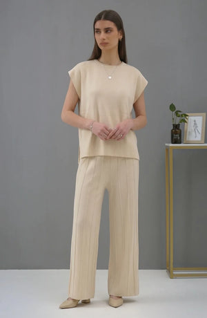 Korean chic temperament simple round neck loose bat sleeves sweater + high waist pleated casual wide leg pants suit