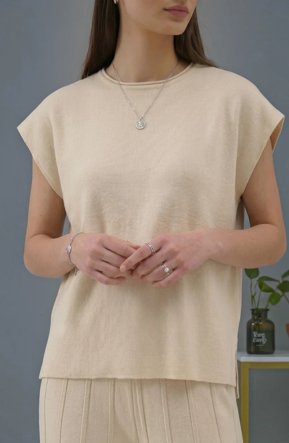 Korean chic temperament simple round neck loose bat sleeves sweater + high waist pleated casual wide leg pants suit