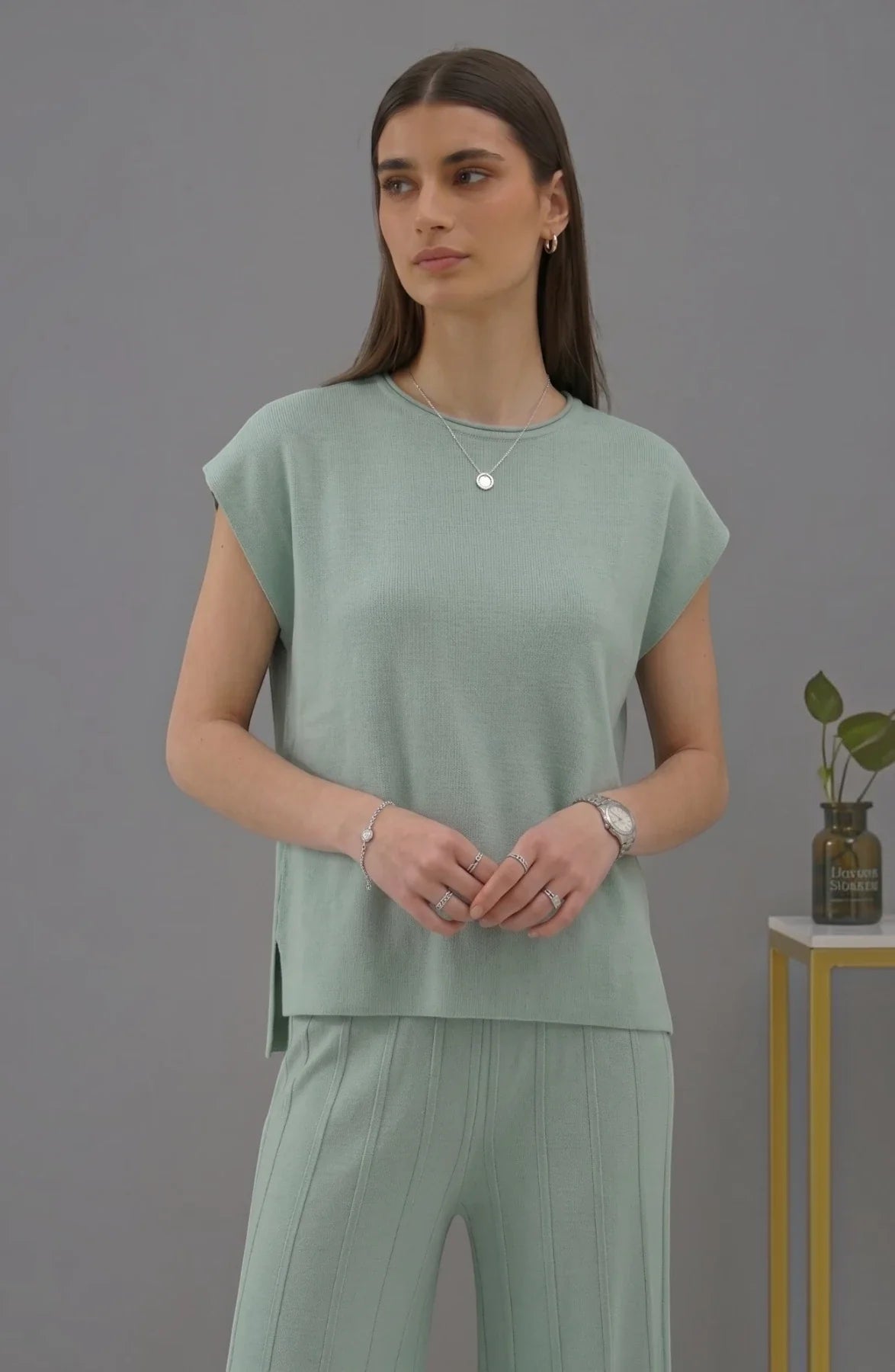 Korean chic temperament simple round neck loose bat sleeves sweater + high waist pleated casual wide leg pants suit