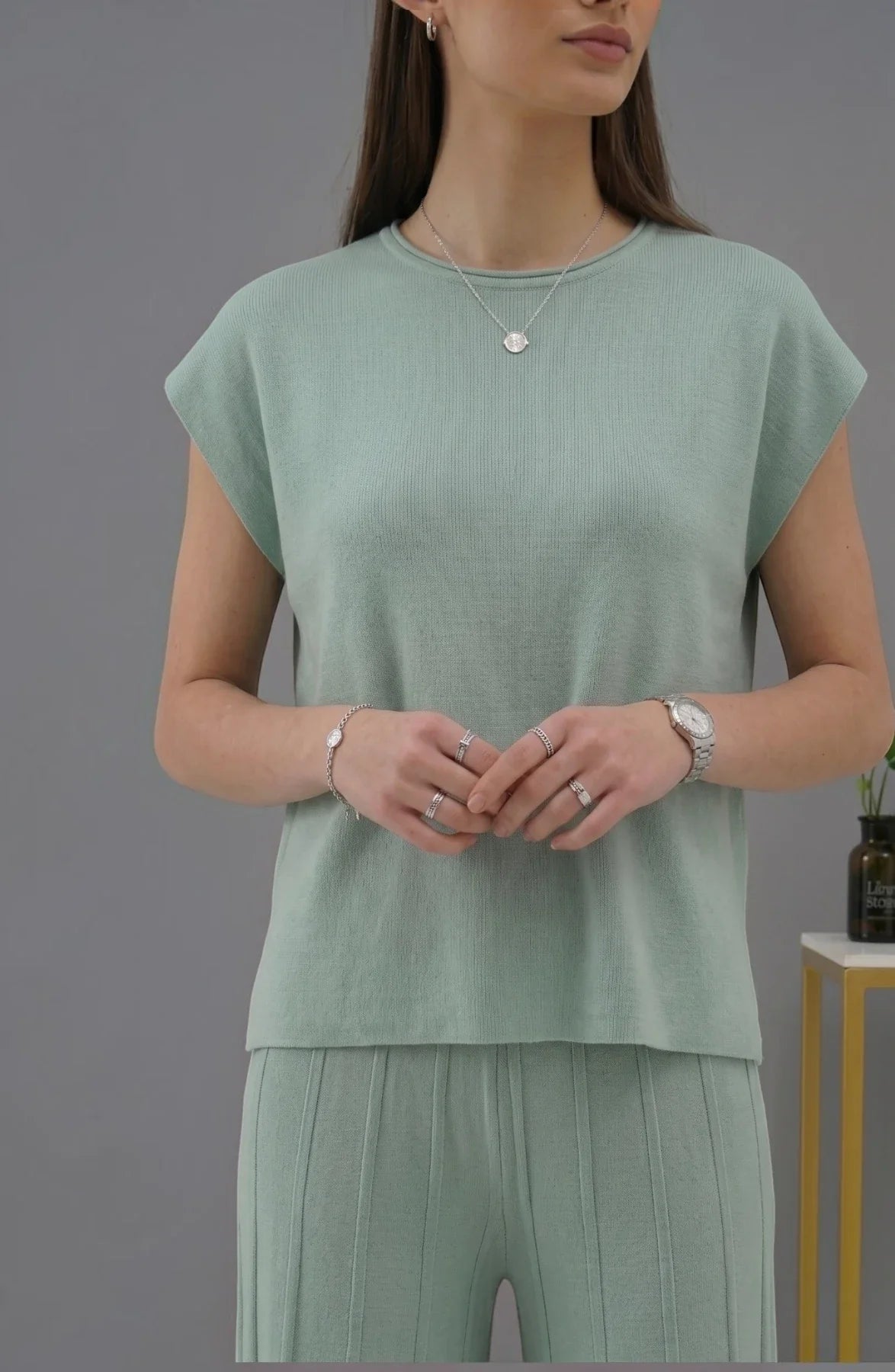 Korean chic temperament simple round neck loose bat sleeves sweater + high waist pleated casual wide leg pants suit
