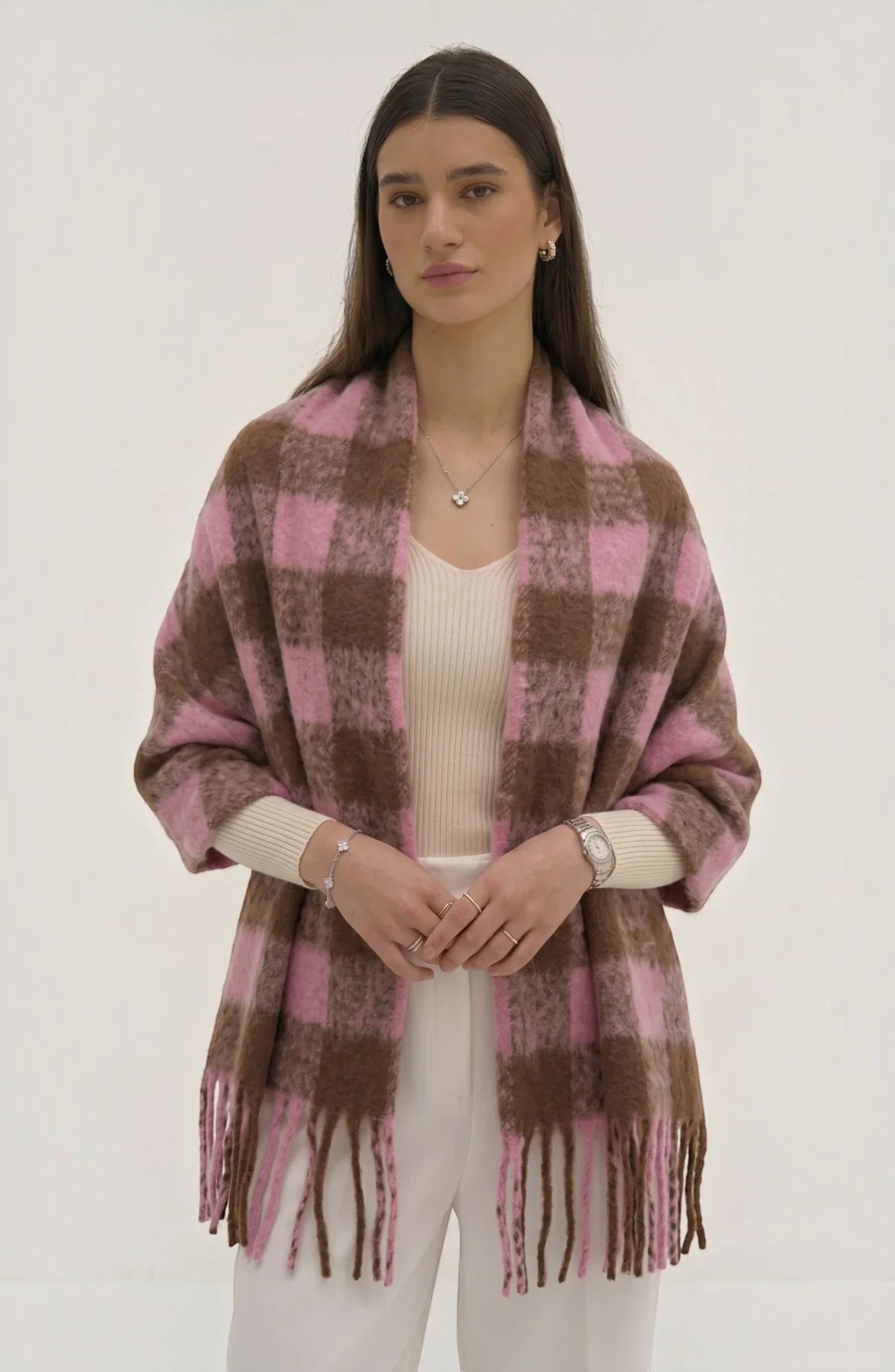 LORVENE lightweight evening shawl draped over a mannequin, showcasing soft fabric and elegant design for formal occasions.