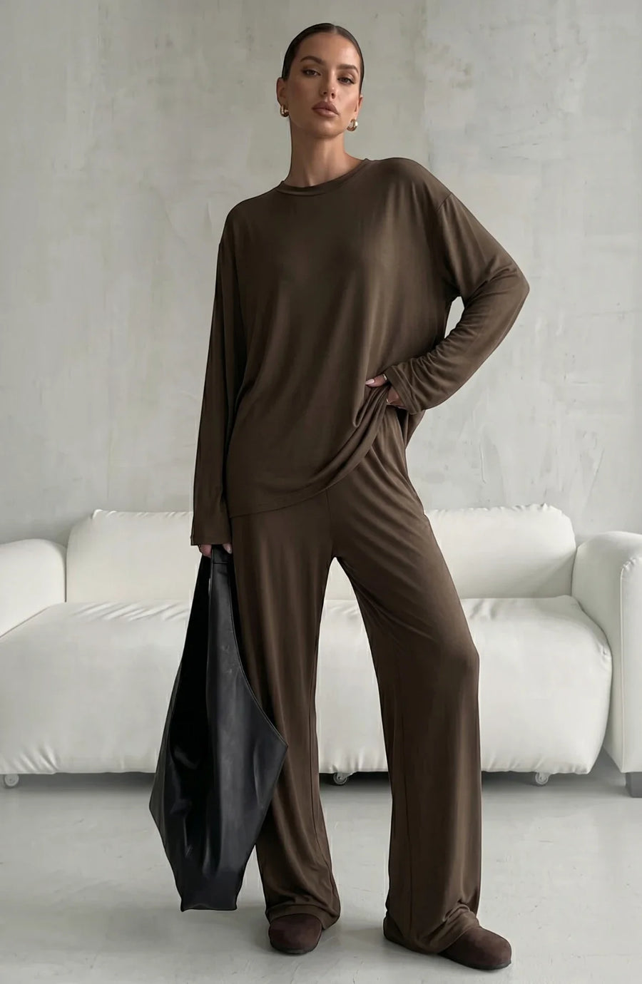 LORVENES knit pajama lounge set featuring a cozy long-sleeve top and matching pants in soft, comfortable fabric.