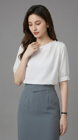 LORVENE chic blouse shirt with a stylish collar, long sleeves, and button-front design, displayed on a hanger.