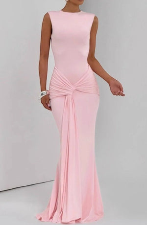 LORVENES Celeste Draped Maxi Gown in flowing fabric, elegant design with draped details and a floor-length silhouette.