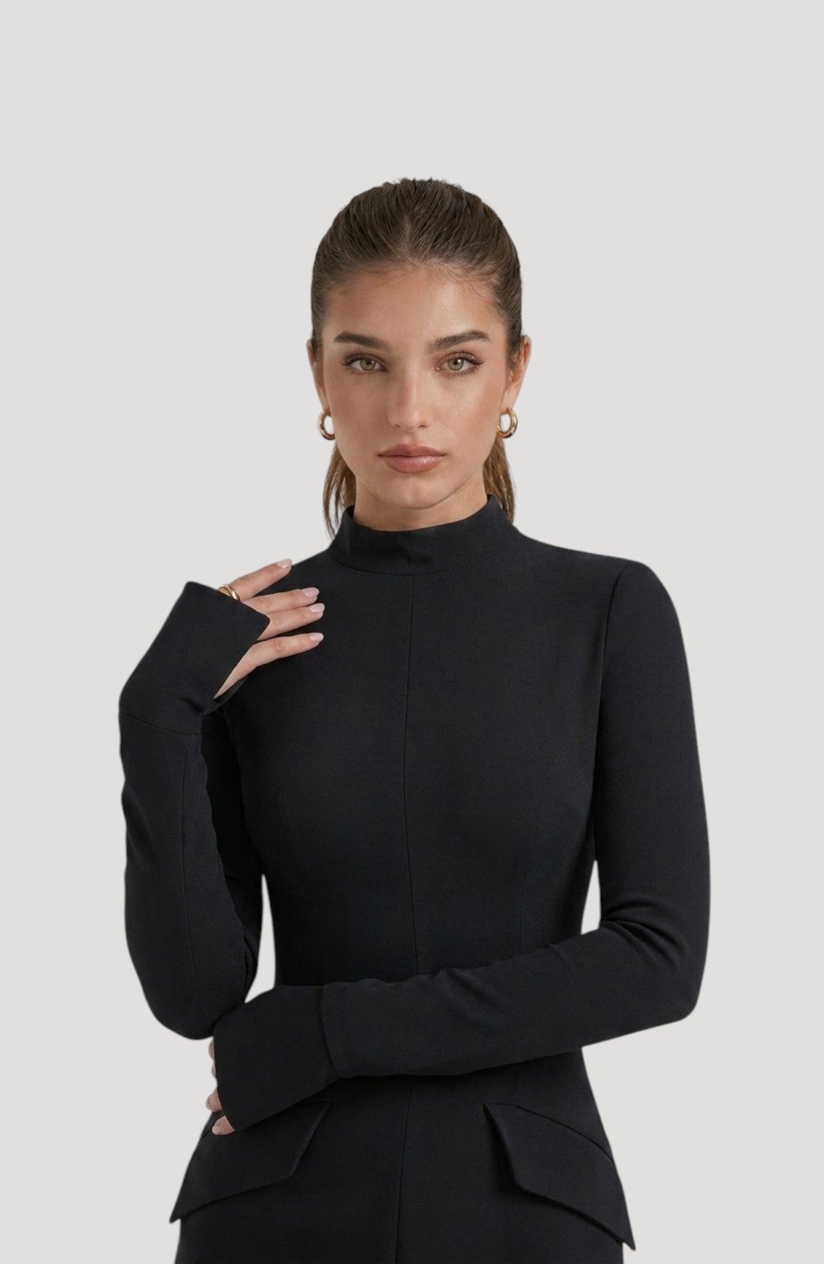 LORVENES black long-sleeve mock neck mini dress with thumbhole cuffs and a flattering fit.