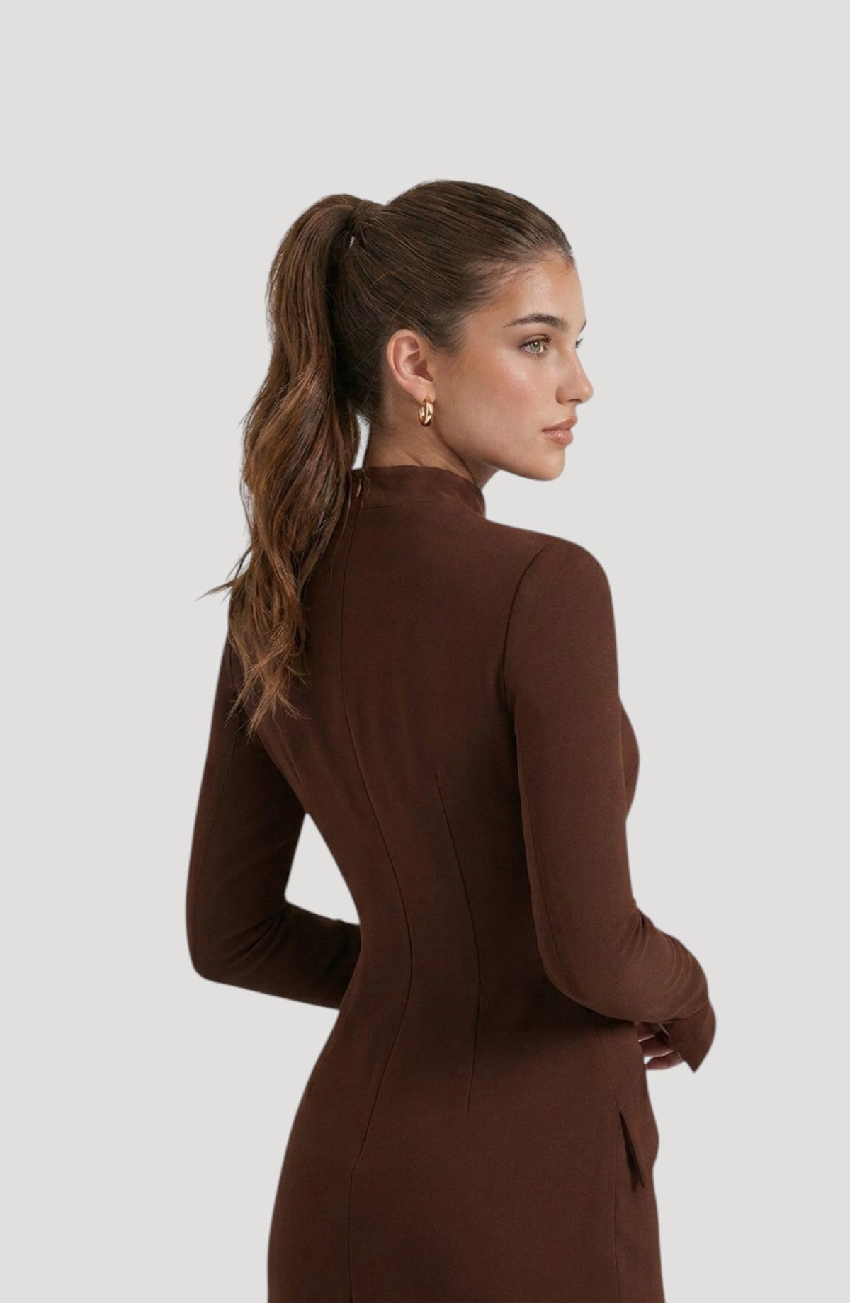 LORVENES brown long-sleeve mini dress with a high neckline and flattering fit, perfect for parties.