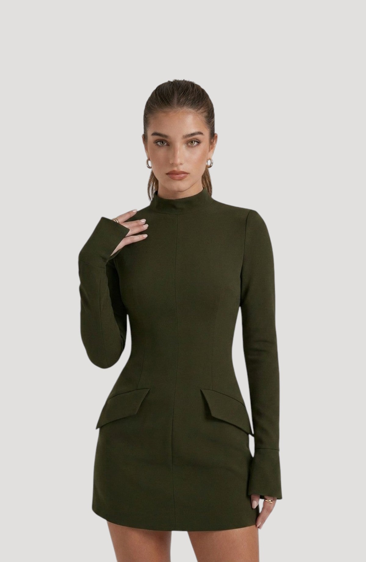 LORVENES olive green long sleeve mock neck mini dress with flap pockets and a flattering fit.